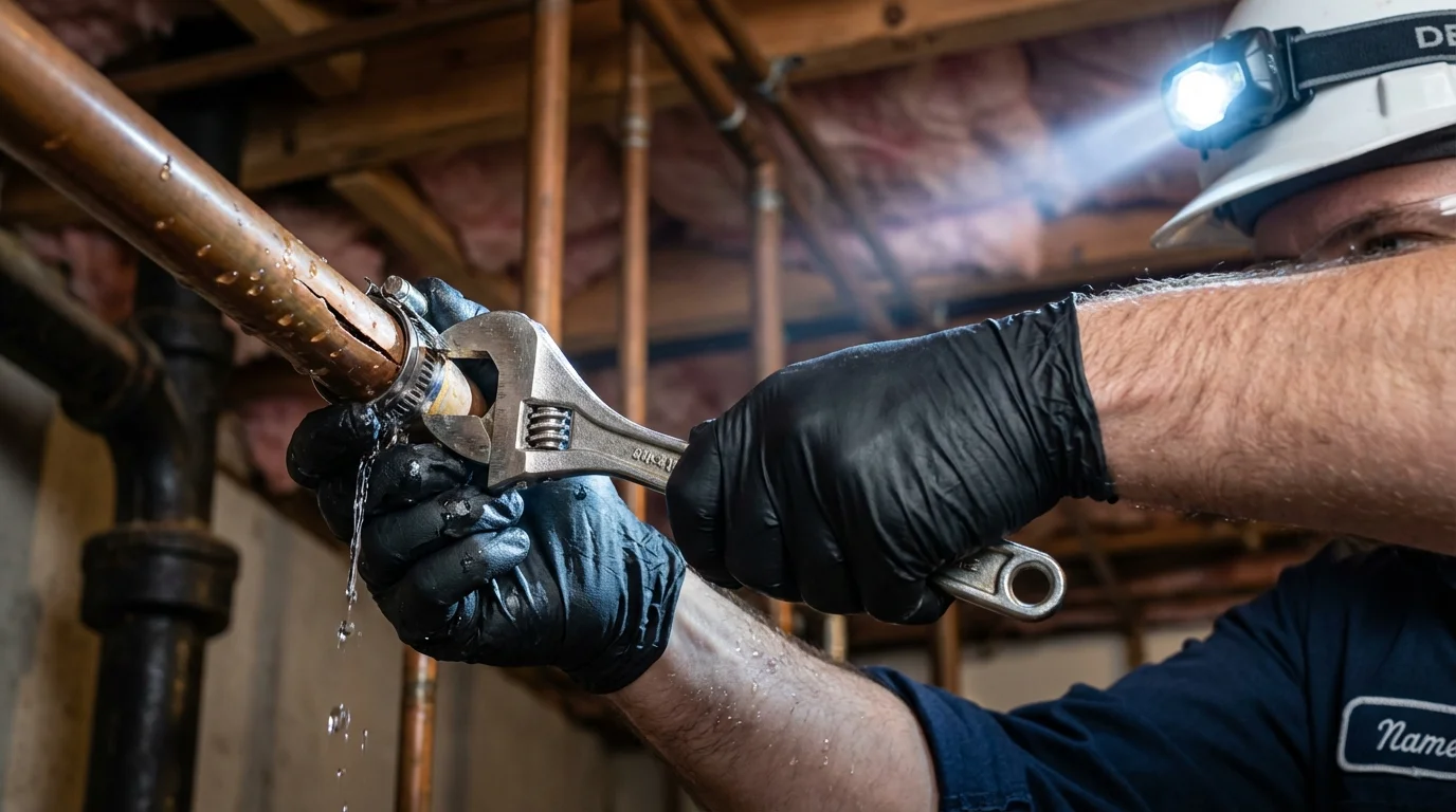 Emergency pipe clamp repair being performed by a Johns Plumbing LLC plumber in Pacific Grove