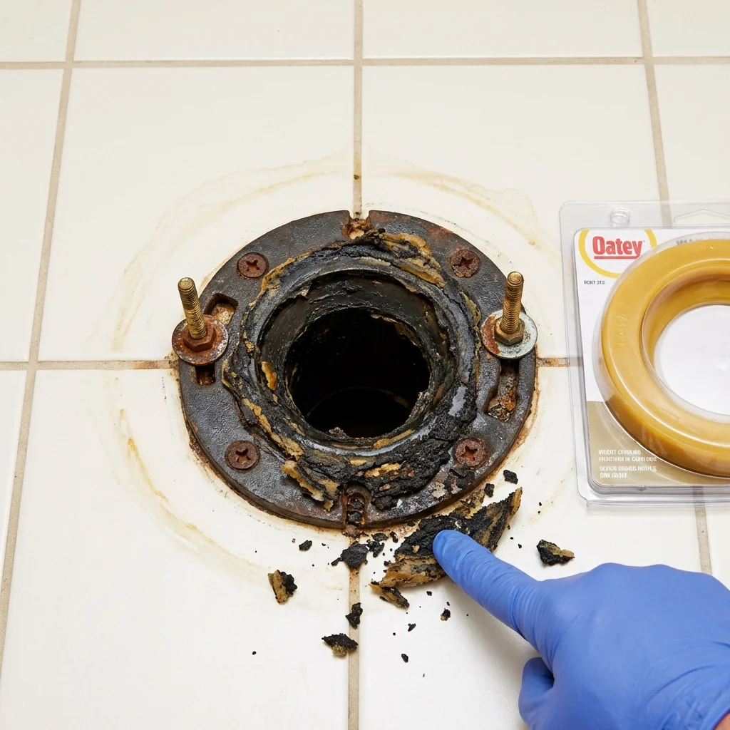 Failed wax ring showing water seepage at the base of a toilet in a Pacific Grove, CA home