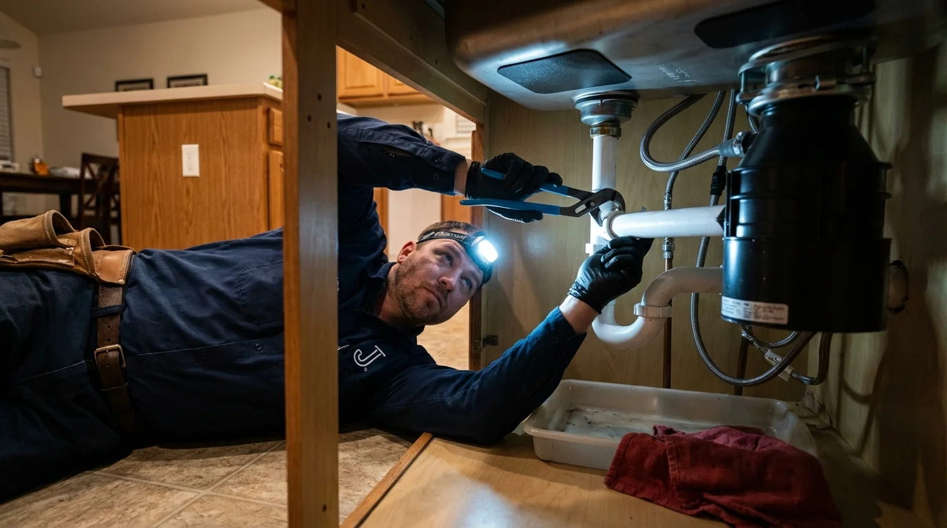 P-trap and supply line connections under a kitchen sink showing a common leak point in Pacific Grove, CA